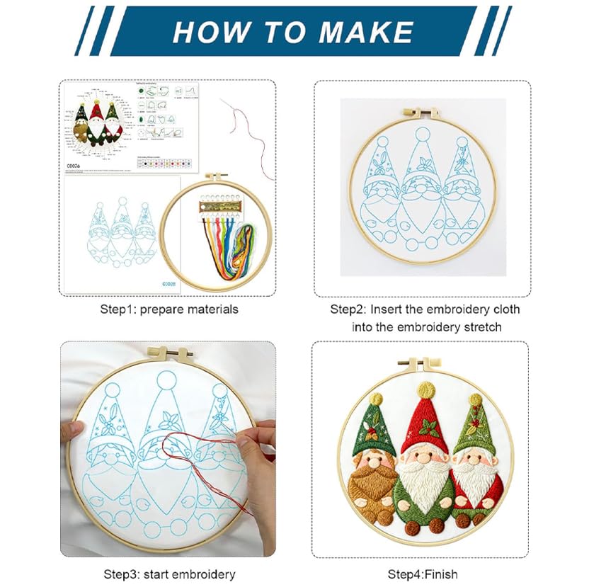 Zhenqing Christmas Gnome Embroidery Kit for Beginners, 3 Gnomes Needlework Kit with Pre-Printed Cotton Fabric, Hoop, Threads & Tools (C0028) - style: Christmas Gnome
