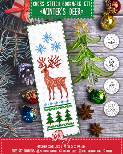 Povitrulya Winter Deer Counted Cross Stitch Bookmark Kit - DIY Embroidery Set with a Sampler Pattern of Reindeer and Snowflakes - Handmade Christmas, New Years Gift - color: Winter`s Deer
