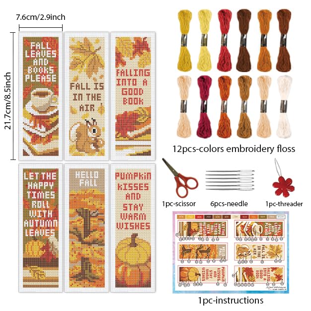 INFUNLY 6pcs/Set Thanksgiving Cross Stitch Bookmarks Kit Fall Leaves Book DIY Stamped Embroidery Bookmark Vintage Pumpkin Handmade Cross Stitch Bookmarks with Backing Felt Instruction for Book Lover - style: Thanksgiving