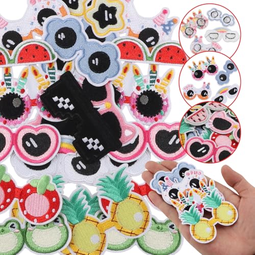 12Pcs Cute Glasses Iron on Patches, Cartoon Embroidered Applique for Hats - color: 12PCS Cute Glasses
