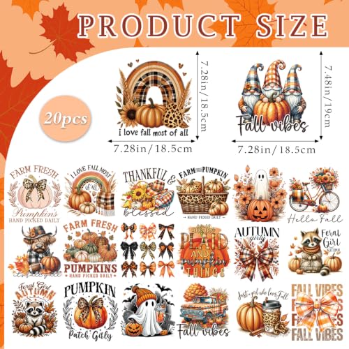 Dazoratix Fall Iron on Transfers - 20 Sheets Pumpkin Autumn DTF Ready to Press Bow Ghost Heat Patches Stickers Vinyl Decals for T Shirts Clothes Hoodies Pillow Bag Hat DIY Crafts Appliques Decorations - style: Fall