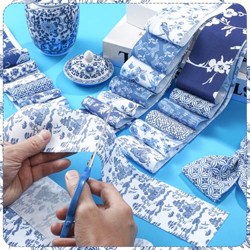 Hosuly 40 Pcs Chinoiserie Porcelain Fabric Jelly Cotton Quilting Strip Roll - color: Blue and White Porcelain