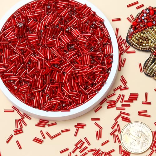 2000pcs Glass Bugle Beads, Tube Beads Bulk, Mini Long Tiny Small Waist Loose Spacer Embroidery Beaded for Bracelets Jewelry Making Sewing, Crafts, 2×6mm, True Red - color: True Red