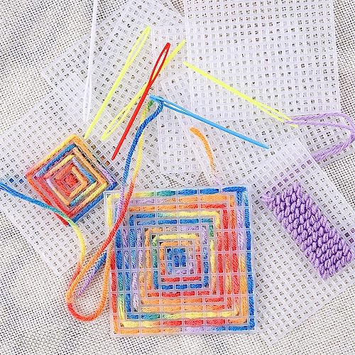 Allazone 45 PCS Mesh Plastic Canvas Sheets Kit, 3 Shape Clear Plastic Canvas, 12 Color Acrylic Yarn for DIY Crafts Embroidery Cross Stitch, Acrylic Yarn Crafting, Knit and Crochet Projects - color: 45 PCS - Yarn Grid 3