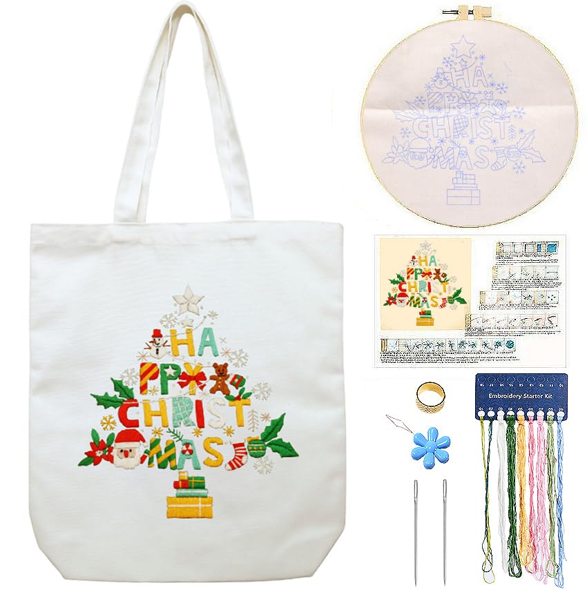 Canvas Tote Bag Embroidery Kit with Pattern for Beginners, Arts and DIY Embroidery Crafts Kits for Adults, Instructions, Thimble, Embroidery Hoops, Color Threads (Beige, CR002 Christmas Tree) - color: CR002 Christmas tree