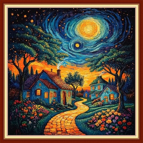 Funxvoot Stamped Cross Stitch Kits for Beginners or Adults Embroidery Starter Patterns | DIY Printed Cross Stitch Kits Needlepoint for Adults 11CT-Van Gogh Starry Sky Garden 18x18 inch - color: color11