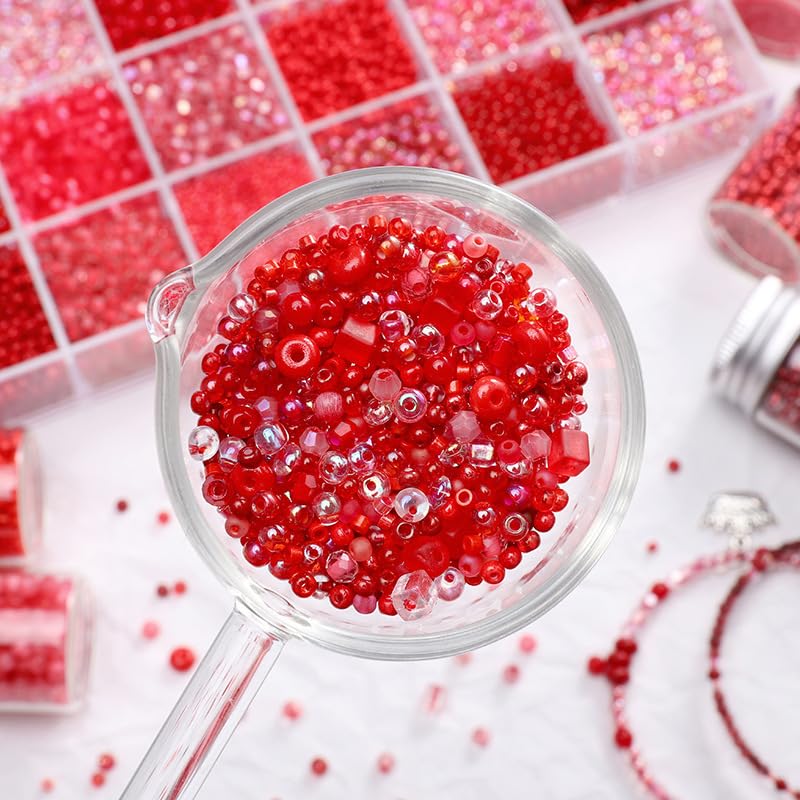 24 Grid Red Glass Seed Bugle Tube Beads Kit for Jewelry Making DIY Craft - color: red, size: 24 Grid