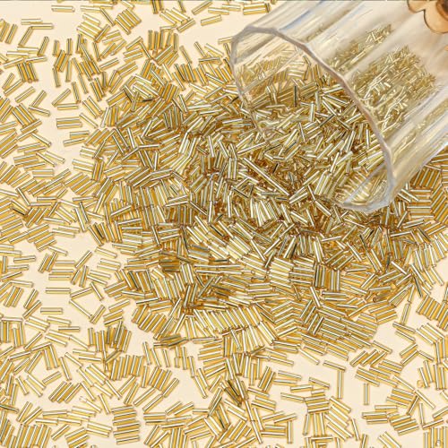 4200pcs Glass Bugle Beads, Mini Long Tube Seed Beads Bulk, Tiny Small Loose Spacer Embroidery Beaded for Bracelets Jewelry Making Sewing, Crafts, Christmas Ornaments, 2×6mm, Gold - color: Gold