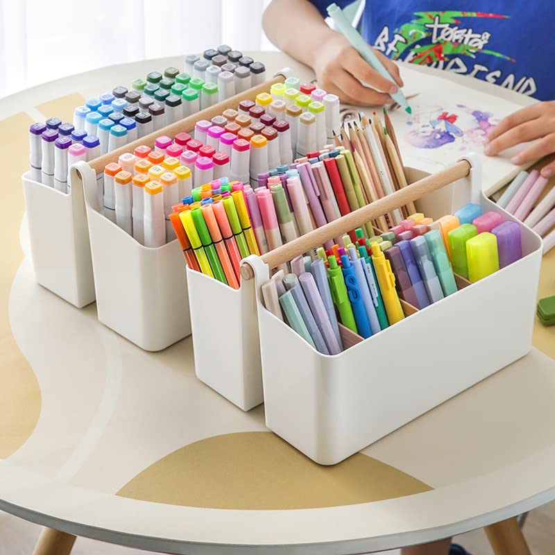 Vidifor Large Plastic Portable Caddy with Handle, Storage Organizer Bin with Adjustable Dividers for Art Supplies, Crafts, Colored Pencils, Makeup Desk - color: White+Pink