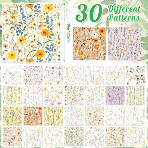 Tatuo 30 Pieces 10 x 10 Inches Summer Wildflower Cotton Fabric Bundle Squares Patchwork Floral Fabric Sewing Quilting Bundles Assorted Pattern Cloth for DIY Scrapbook Craft Making - style: Stylish Wildflower