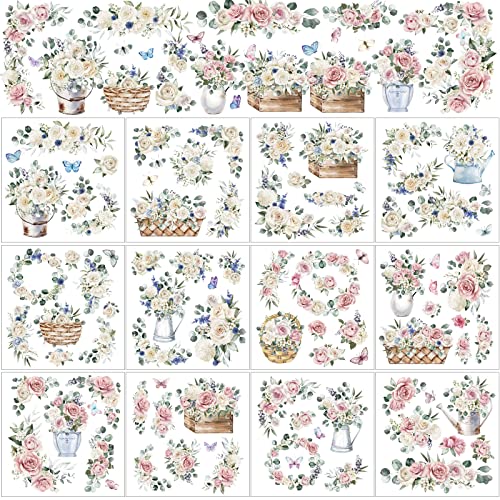BBTO 12 Sheets Rub on Transfers for Crafts Wood Furniture DIY, 5.5" x 5.7" - style: White Rose