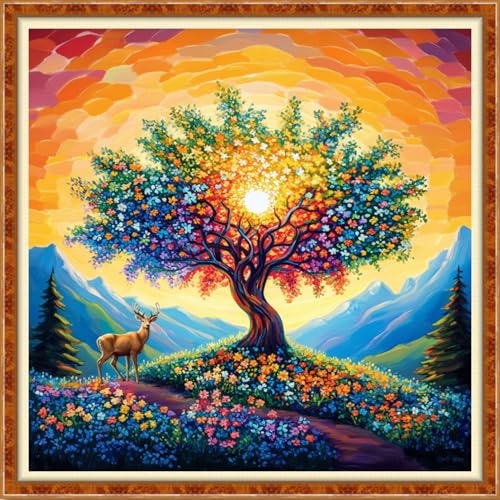 Funchey Counted Cross Stitch Kits for Adults Needlepoint Kits Unprinted Cross Stitching Embroidery Kit 11CT Cross Stitch Supplies-Colorful Tree of Life 18x18 inch - color: Artcolor13
