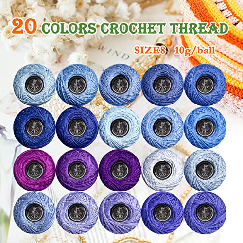 Soft 20 Colors Classic Crochet Thread 20 Pack,100% Cotton (Cornflower Blue-553-3838) - color: Bachelor Blue Series