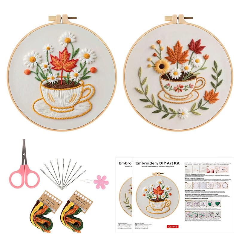 Konrisa Flower Cup Embroidery Kits for Adults,Creative Floral Embroidery Starter Kit DIY Sewing Practice with Hoop,Needlepoint Cross Stitch Kit, Set of 2 - color: flower cup
