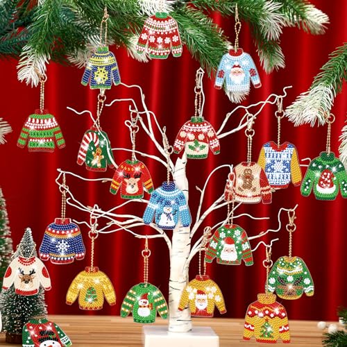Tondiamo 20 Pcs Christmas Diamond Painting Keychain Kits 5D DIY Diamond Art Pendants Double Sided Hanging Key Chains for Christmas Party Decoration DIY(Sweater Style) - style: Sweater Style