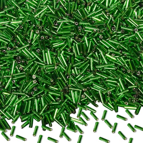 4000pcs Rose Bugle Beads Bulk -Embroidery Beads,Long Tube Bead for Jewelry Making, Bracelet Necklaces Supplies,Craft DIY(7x2mm) - color: Grass green