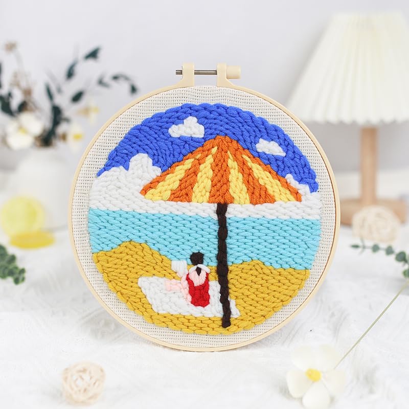 Beach Umbrella Punch Needle Kit for Beginners, 8 Inch Summer Vacation DIY Embroidery Starter Set with Pre-Printed Fabric, Wooden Hoop, Yarn & Tools, Coastal Wall Art Craft Gift for Adults - color: BLUE-GIRL