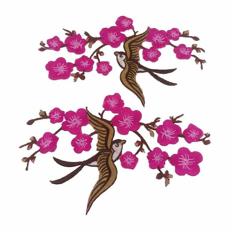 1pair Quince Sakura Flower Embroidery Iron On Applique Patches (Hot Pink) - color: Hot Pink