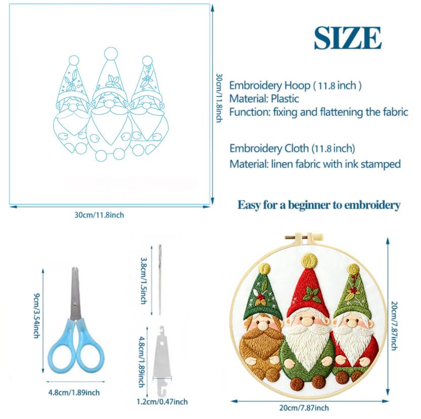 Zhenqing Christmas Gnome Embroidery Kit for Beginners, 3 Gnomes Needlework Kit with Pre-Printed Cotton Fabric, Hoop, Threads & Tools (C0028) - style: Christmas Gnome