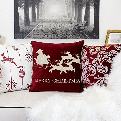 Embroidery Red Velvet Throw Pillow Cover, Merry Christmas Series Santa Claus Sledge Luxury Soft Fuzzy Cozy Warm Slik Gift Square Couch Cushion Pillow Case 20 x 20 Inch, Cover Only - color: U7-santa Sledge
