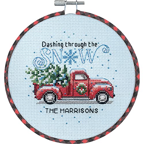 Dimensions 72-09005 Holiday Family Truck Christmas Counted Cross Stitch Kit for Beginners, 6" D, 14 Cnt. White Aida, 5pcs