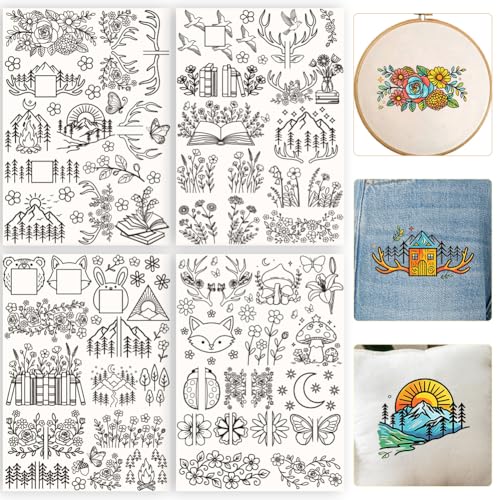 50Pcs Water Soluble Embroidery Patterns Mountains 11.7 x 8.3 Inch Embroidery Paper Flowers Book Mountains Stick and Stitch Wash Away Transfer Paper Stabilizers for Hand Sewing Beginners - color: Mixed Shapes
