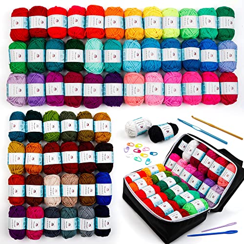 INSCRAFT 62 Acrylic Yarn Skeins, 2170 Yards Yarn for Knitting and Crochet, Includes 2 Crochet Hooks,2 Weaving Needles,10 Stitch Markers, Perfect Beginner Kit for for Adults Kids - color: black