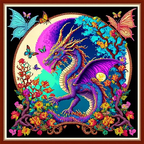 Dimensean Stamped Cross Stitch Kits Full Range of Embroidery Patterns Starter Kits for Beginners Adult DIY Cross Stitches Needlepoint Kits 11CT-Wolf Flower 17.7x17.7 inch - color: Pattern Style 07