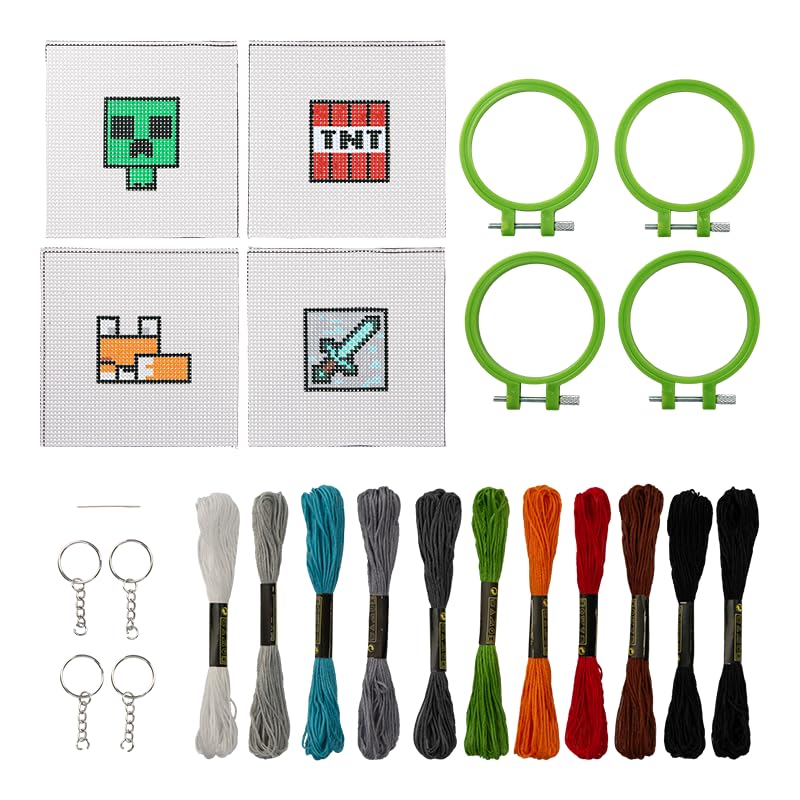 Paladone Minecraft Officially Licensed Cross Stitch Charm Set of 4, Creeper, TNT, Sword and Fox, Idea Gamer Gift for Boys and Gifts, Arts and Crafts DIY Gaming Decor and Accessory