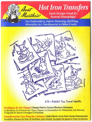 Aunt Martha's Rabbit Tea Towels Hot Iron Transfers for Embroidery