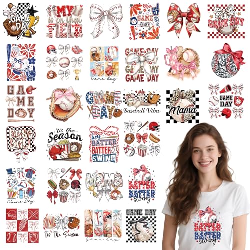 Baseball Dtf Transfers Ready to Press - Wxiben 30 Pcs Game Day Iron on Transfers for T-Shirts Baseball Coquete Bow Heat Transfer Vinyl Decal Sticker Iron on Patches for Clothes Pillows Bag DIY Crafts - style: Baseball