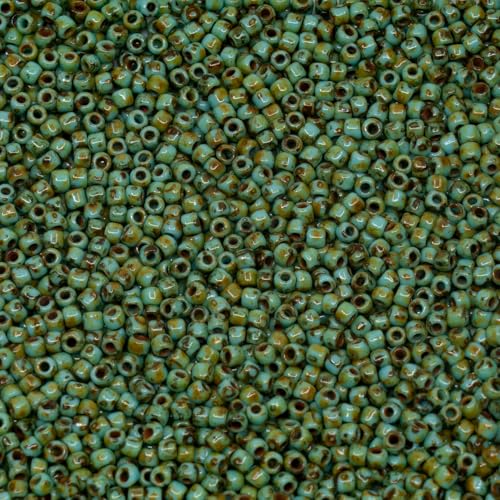 10g TOHO Round Seed Beads 11/0 Rocailles, Opaque Turquoise Travertin Picasso Hybrid #55-T (Similar to Y307), Glass, Japan - color: Hybrid Turqquoise Picasso - 11/0