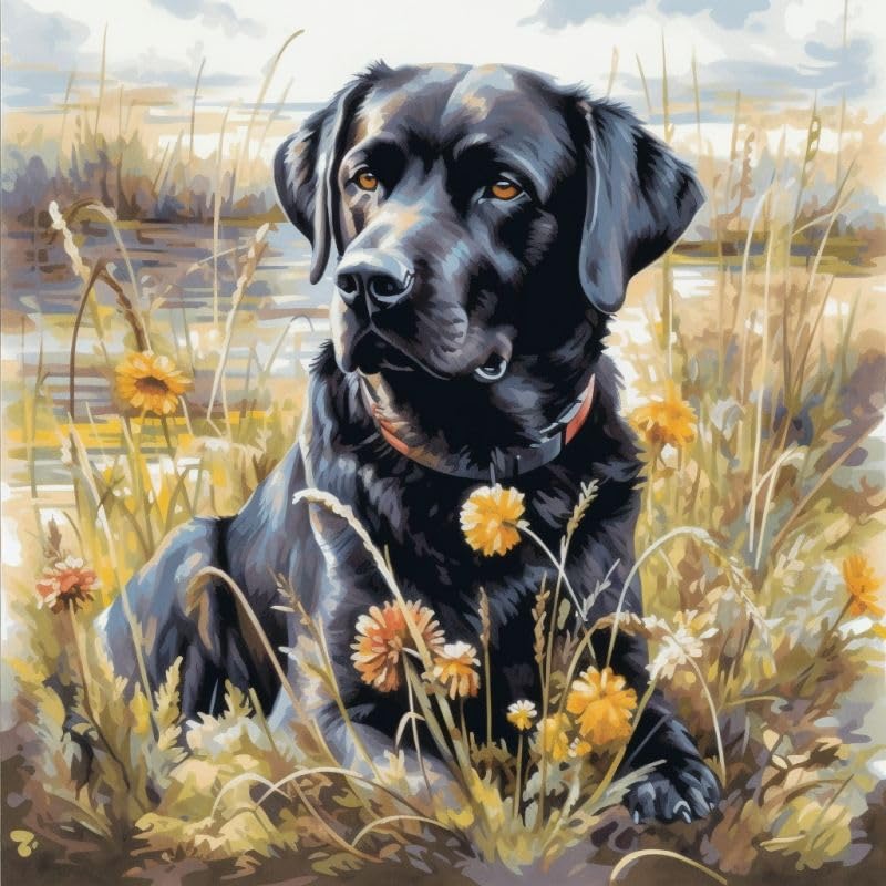 Sunflower Black Labrador 11ct Counted Cross Stitch Kits Color Printed Stamped Cross-Stitch Supplies Needlework Printed Embroidery Kits DIY Kits Needlepoint Starter Kits 50x50cm(h213)