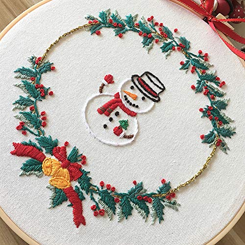 Embroidery Kit Snowman Christmas Ornaments Leaves Wreath Flowers Awesocrafts Full Range of Embroidery Starter Kits for Beginners Adults DIY Handmade Easy Patterns (Snowman) - color: Snowman