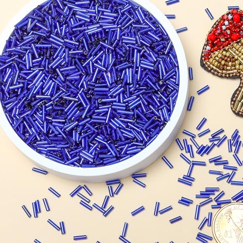 2000pcs Glass Bugle Beads, Tube Beads Bulk, Mini Long Tiny Small Waist Loose Spacer Embroidery Beaded for Bracelets Jewelry Making Sewing, Crafts, 2×6mm, Blue - color: Blue
