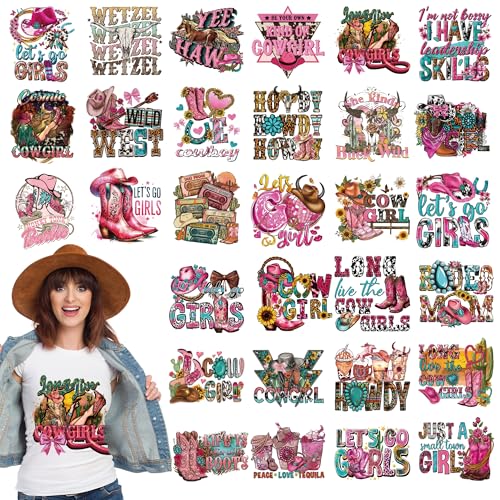 Dazoratix Western Cowgirl Transfer Stickers - 30 Sheets Hot Pink Vintage Iron on Transfers Retro Ready to Press Heat Patches for Girl Women Jeans T-Shirts Pillow Decals Clothing Decorations DIY Crafts - style: Cowgirl-30PCs