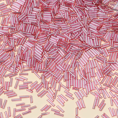 2000pcs Glass Bugle Beads, Tube Beads Bulk, Mini Long Tiny Small Waist Loose Spacer Embroidery Beaded for Bracelets Jewelry Making Sewing, Crafts, 2×6mm, Pink - color: Pink