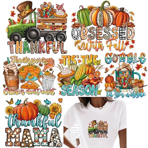 Fall Heat Transfers Iron On Patches for Clothing Autumn Thanksgiving Day Iron on Stickers Pumpkin Turkey Iron On Vinyl Stickers for t-Shirt Hoodies Bags Fabric Decorations 6 Large Appliques - color: Fall Heat Transfers