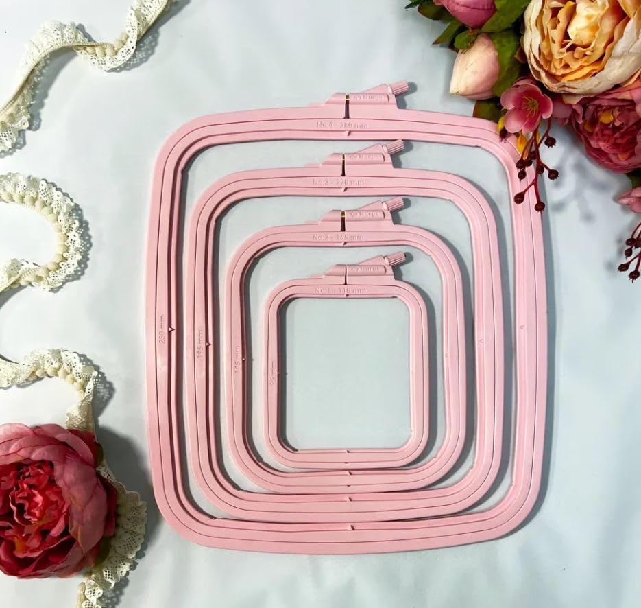 Nurge Square Embroidery Hoop - Plastic Cross Stitch Frame for Needlepoint & Embroidery - Adjustable Craft Hoop - Pink - No:3 (Medium) - color: Pink, size: No:3 (Medium)
