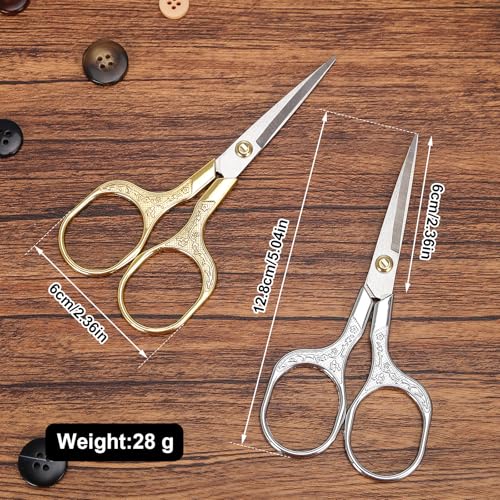 Small Embroidery Scissors,Set of 2 Sewing & Craft Scissors for Precision Cutting,Stainless Steel Fabric Paper Scissor,Gold & Silver