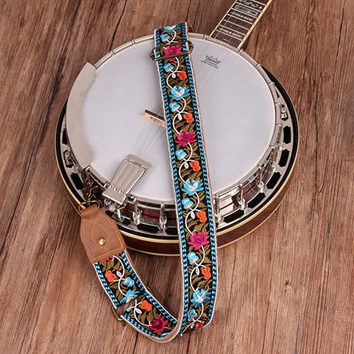 Nefelibata Banjo Strap, 2" Wide Double Crazy Horse Leather Jacquard Embroidery Strap Adjustable Replacement,Multi-pattern Strap With Metal Clips - color: Ab#-retro Floral