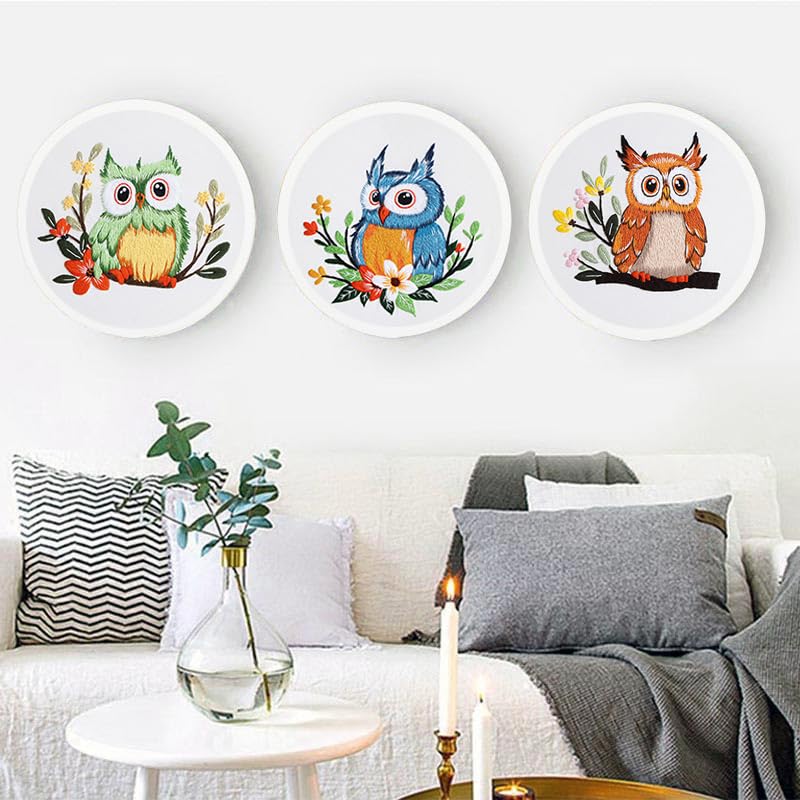Konrisa Owl Embroidery Kit for Beginners Adult, Embroidery Starter Kit with Cloth Hoops Threads DIY Sewing for Craft Lover Hand Stitch Needlepoint Kits - color: owl