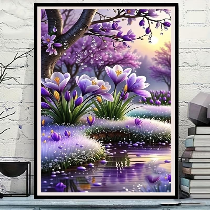 WCHUIMM Purple Flower Diamond Painting kit for Adults Spring Paint with Diamond Art Landscape, Round Full Drill Crystal Rhinestone Crafts Gem Arts for Home Wall Decor 12x16Inch - color: Purple Flower