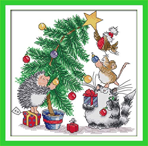 Printed Cross Stitch Kits 11CT 14X14 inch 100% Cotton Holiday Gift DIY Embroidery Starter Kits Easy Patterns Embroidery for Adults Crafts DMC Stamped Cross-Stitch Supplies Needlework Christmas Tree - color: Stamped 10.2×10.2 inch