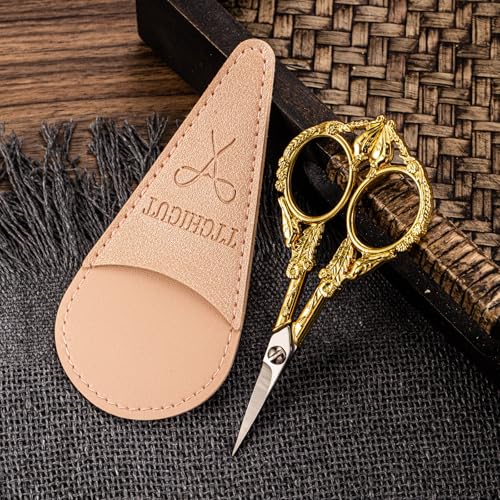 Embroidery Scissors, Small Sharp Pointed Sewing Scissors for Cross Stitch Cutting Embroidery Sewing Handcraft Craft Art Work DIY Tool with PU Leather Sheath (Gold) - color: Gold