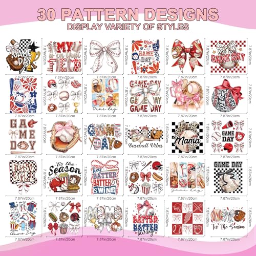 Baseball Dtf Transfers Ready to Press - Wxiben 30 Pcs Game Day Iron on Transfers for T-Shirts Baseball Coquete Bow Heat Transfer Vinyl Decal Sticker Iron on Patches for Clothes Pillows Bag DIY Crafts - style: Baseball