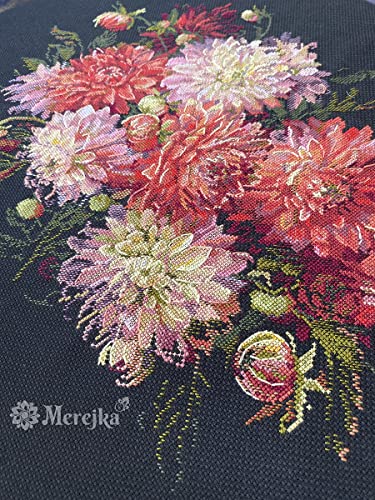 Merejka Dahlias Counted Cross Stitch Kit K-219 | Zweigart Black Aida 16 | 28 DMC Thread Colors | 11¾×15¾ in (30×40 cm)