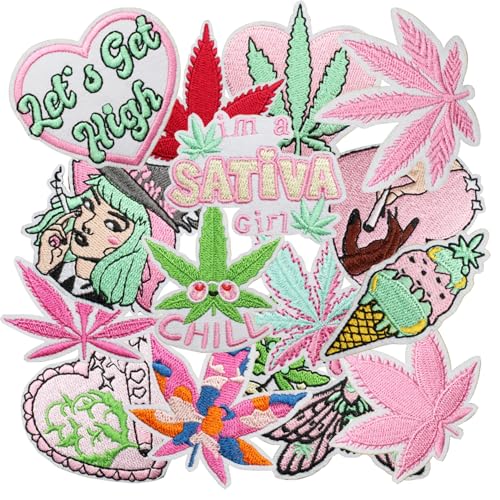 16pcs Pink Iron/Sew on Patches, Sativa Embroidered Applique, DIY Decoration for Clothes, Hat, Bag, Jeans, Dress, Shirt - color: 16pcs Sativa