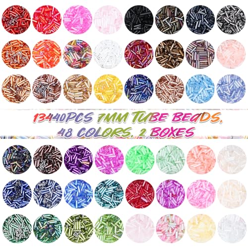 JOJOPLAY Tube Seed Beads Crafts Glass Bugle Beads Embroidery Beads 7mm with Beads Needle Crystal String for Jewelry Embroidery Making (48 Colors)