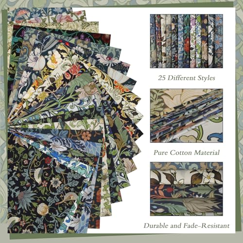 25 Pcs William Morris Cotton Fabric Squares, 10 x 10 Inch, Floral - color: William Morris Flowers